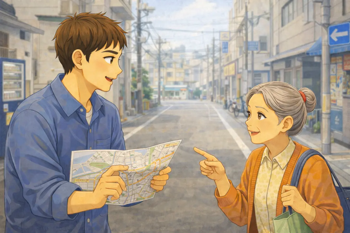 Travelers asking station staff for directions at a train station ticket gate