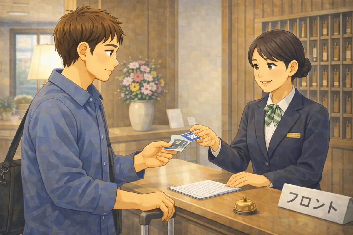 Guest checking in at a Japanese hotel reception desk