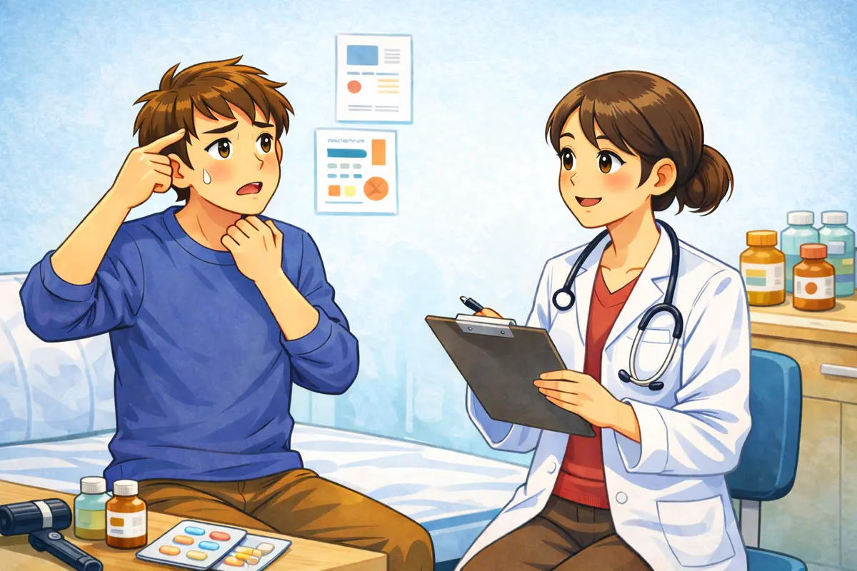 Patient consulting with a doctor in a Japanese clinic holding medication