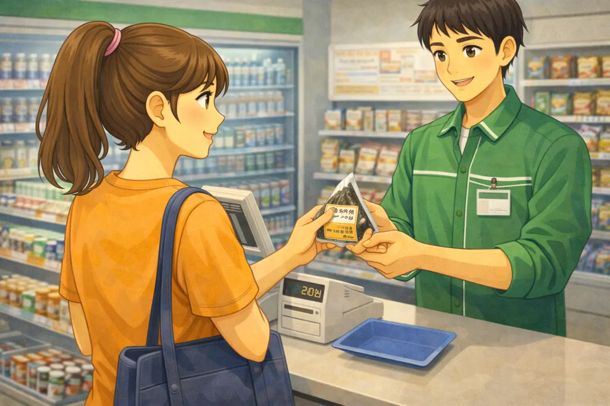 Customer buying onigiri at a Japanese convenience store counter