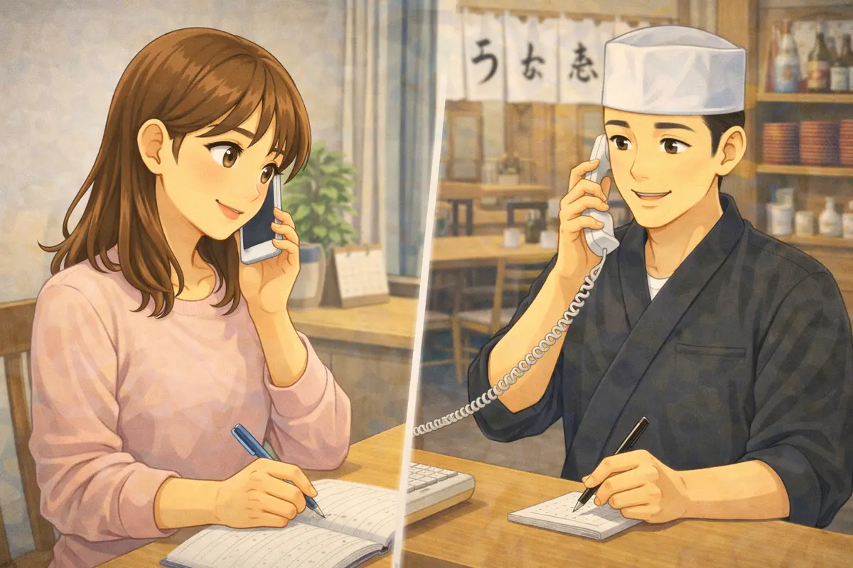 Person making a phone reservation for a restaurant in Japan