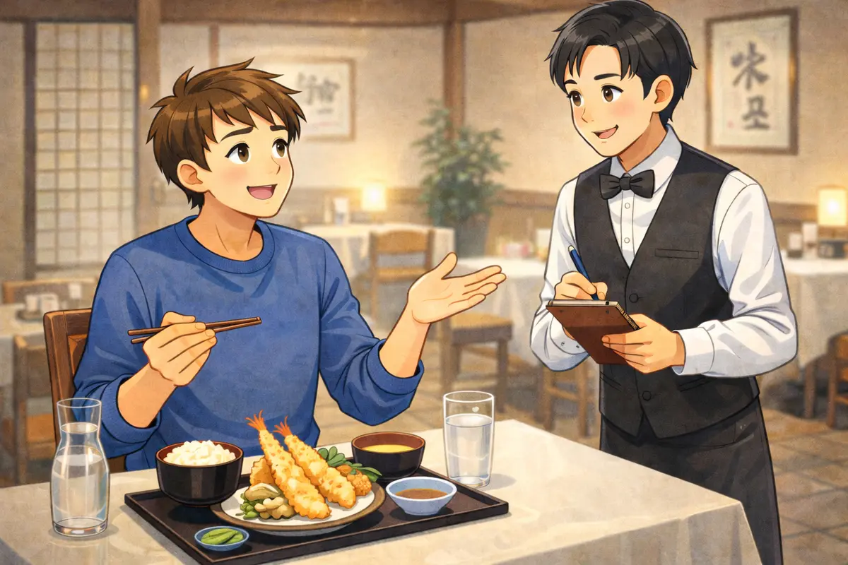 Customer ordering food from a waiter in a Japanese restaurant